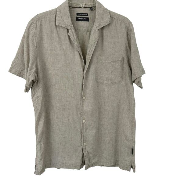 Kenneth Cole Women Short Sleeve Linen Button Up Top Tan Summer Preppy Medium - Picture 1 of 7